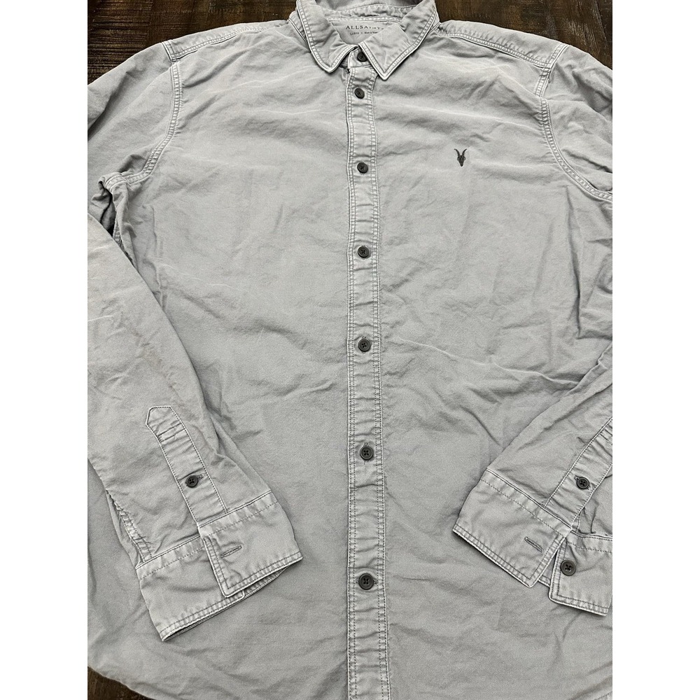 AllSaints Mens Gray Solid Long Sleeve Button Up Cotton Logo Shirt Large - Picture 11 of 12